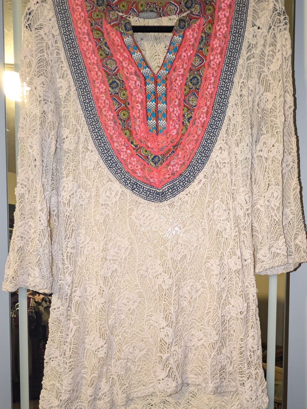 gimmicks by BKE Cream Lace Tunic with Coral Embroidered V-Neckline